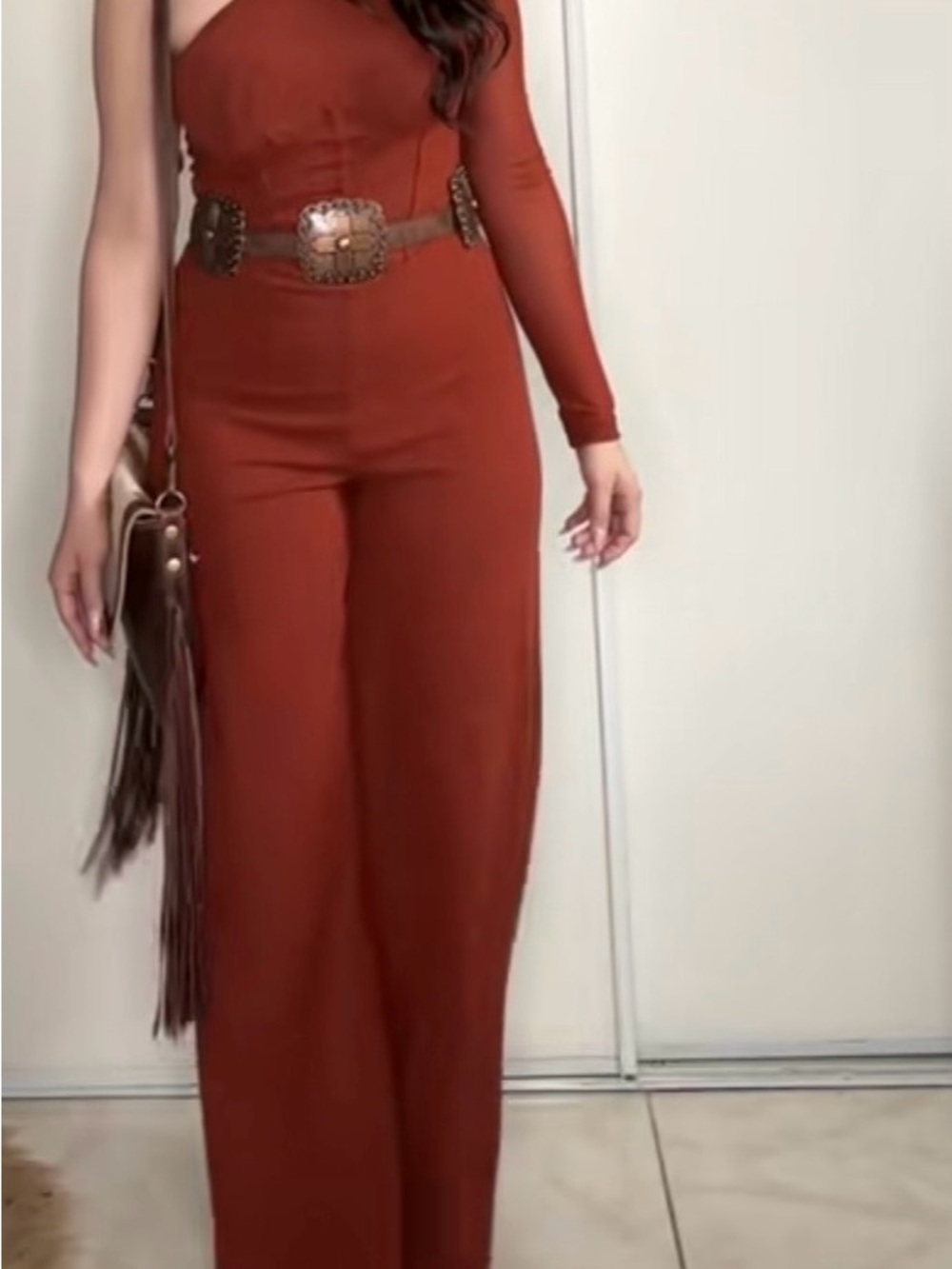 SHEIN One-Shoulder Wide-Leg Jumpsuit in Rust